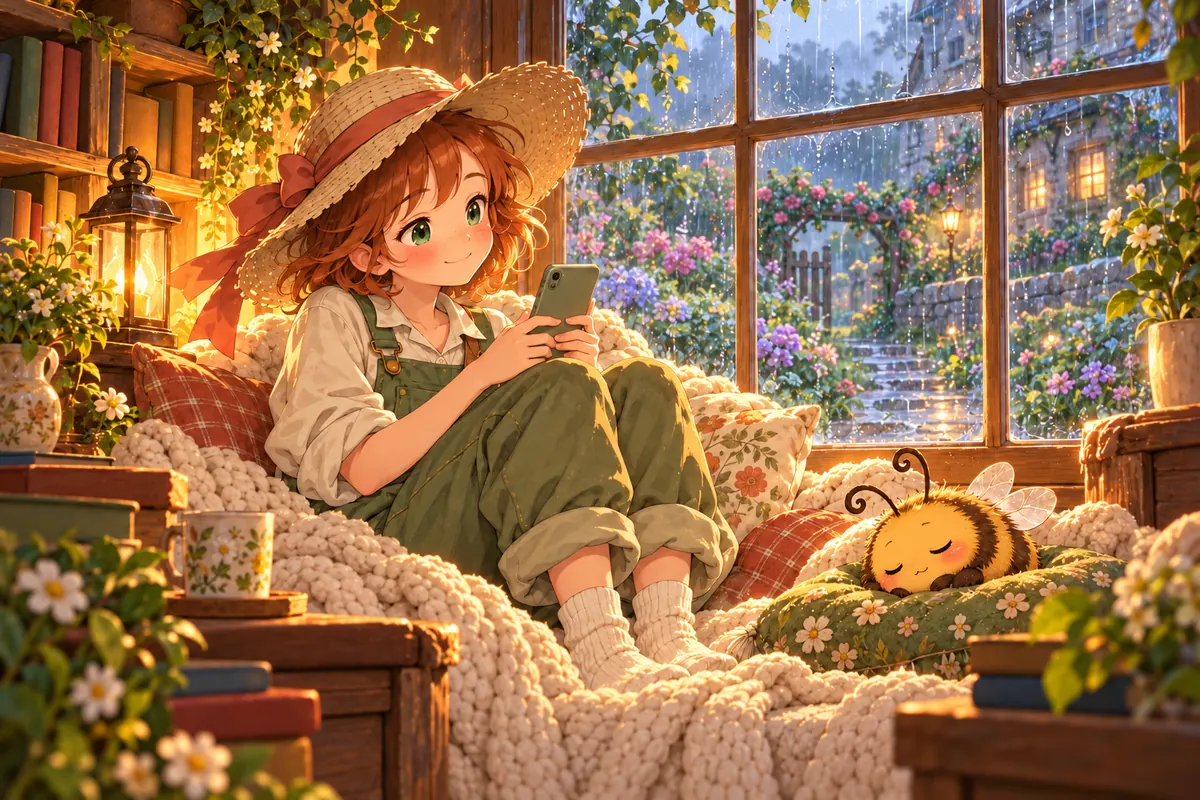 Hana curled up with her phone in a rainy window nook
