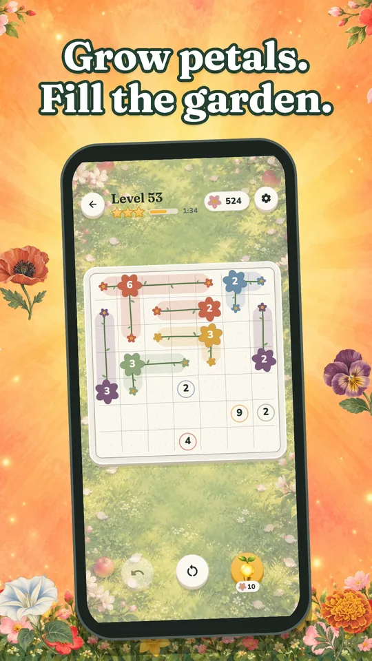A Bloom level half solved: petals growing from numbered seeds across a garden grid